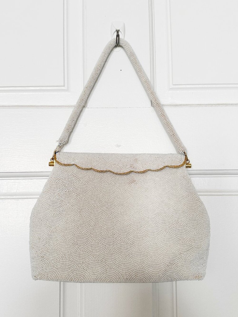 Vintage Ivory Beaded Evening Bag Scalloped Shoulder Purse